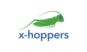 Logo sauterelle verte avec texte x-hoppers.