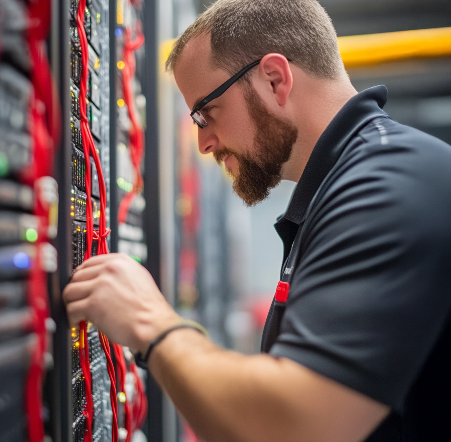 Technicien vérifiant un serveur dans un centre de données.