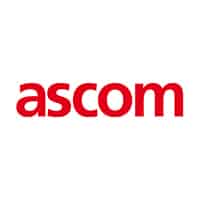 Logo d&#039;Ascom en rouge sur fond blanc.