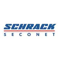 Logo Schrack Seconet, texte en bleu et rouge.