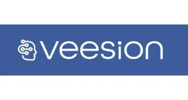 Logo de Veesion, fond bleu et texte blanc.